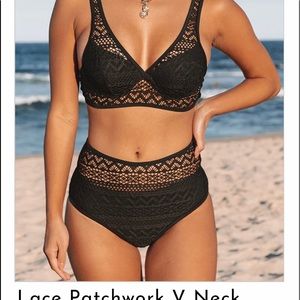 Lace Patchwork V-neck High Waist Bikini
